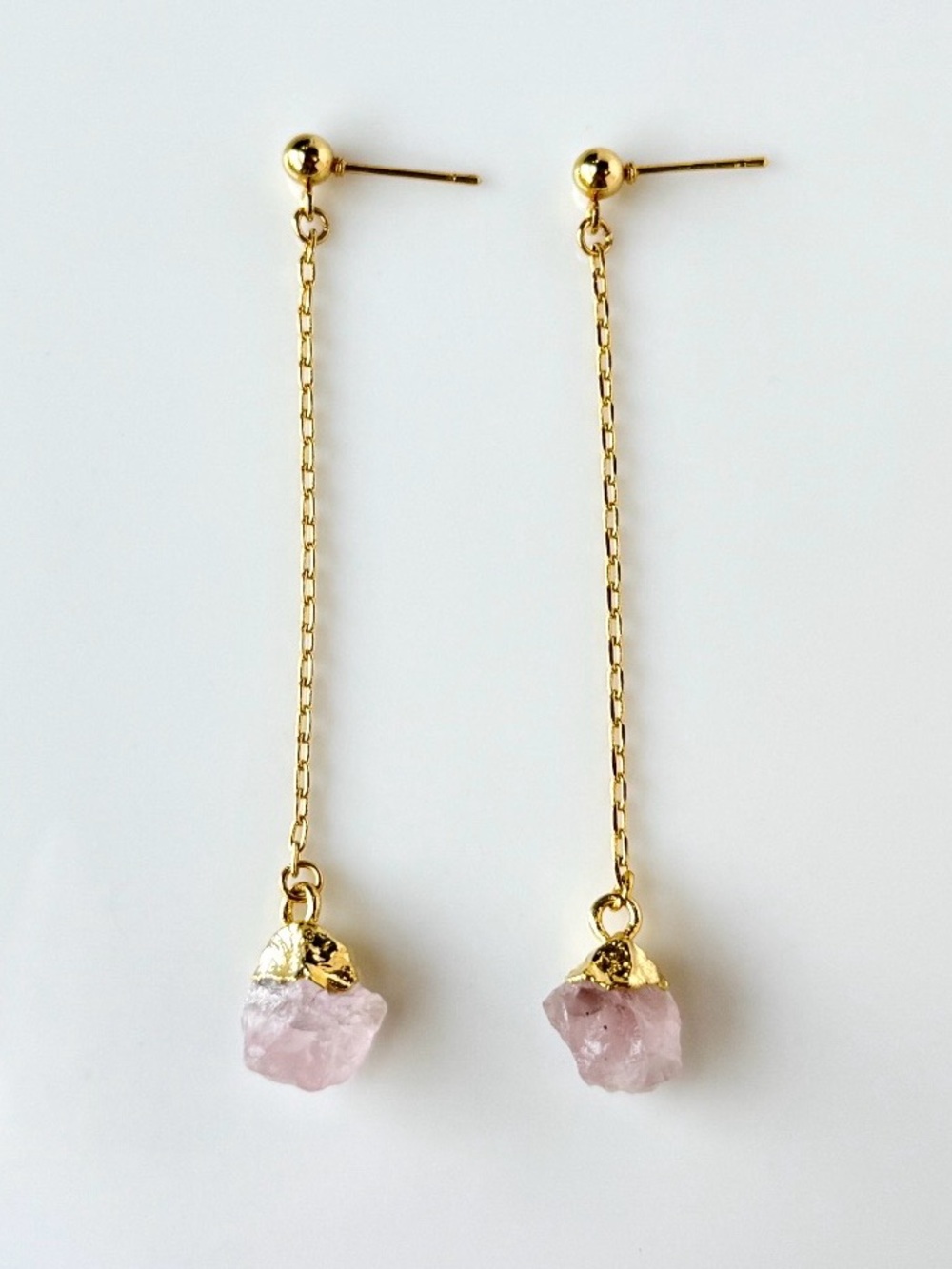 18K Gold Plated Rose Quartz Charm Chain Stud Earrings